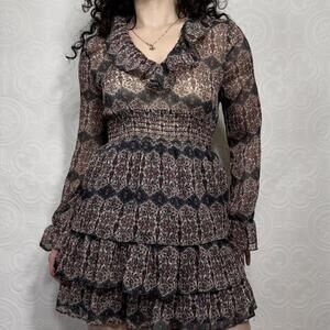 Zara Mini Dress Womens XS Brown Black Paisley Ruffle Long Sleeve Sheer Boho